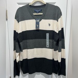 New US Polo Assn. Men's LT WT V Neck Sweater Large Gray Black White NWT $60